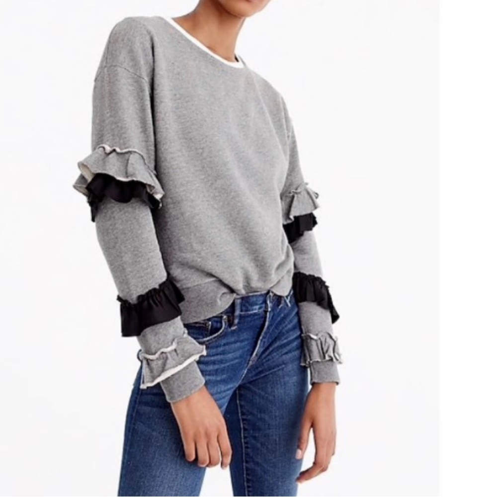 J Crew Ruffle Sweatshirt Women's Medium Gray Black Tiered Whimsigoth‎ Sweater
